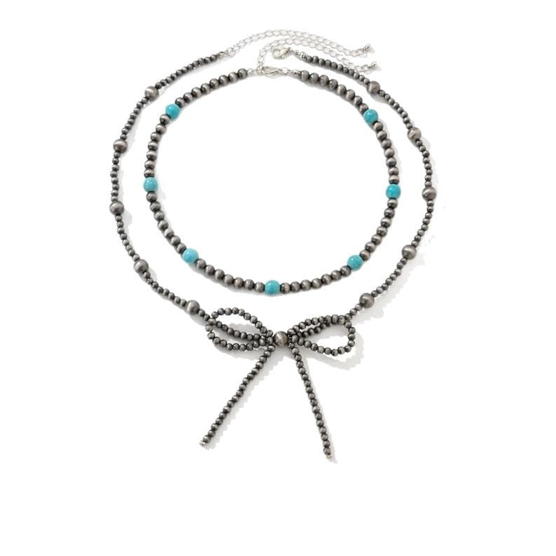 Wholesale Western Bow Necklace Multilayer Bohemian Turquoise Bead Necklace